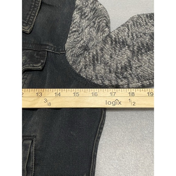 Free People Women's Small Black Distressed Denim Jacket Knit Sleeves Hood Grunge - Picture 10 of 12
